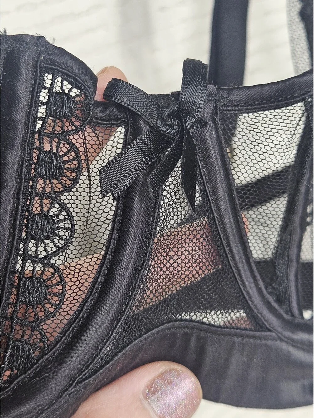 honey birdette Miss Soo Bra 10C 32C Black Boned Balconette Satin Lace Rare Luxe